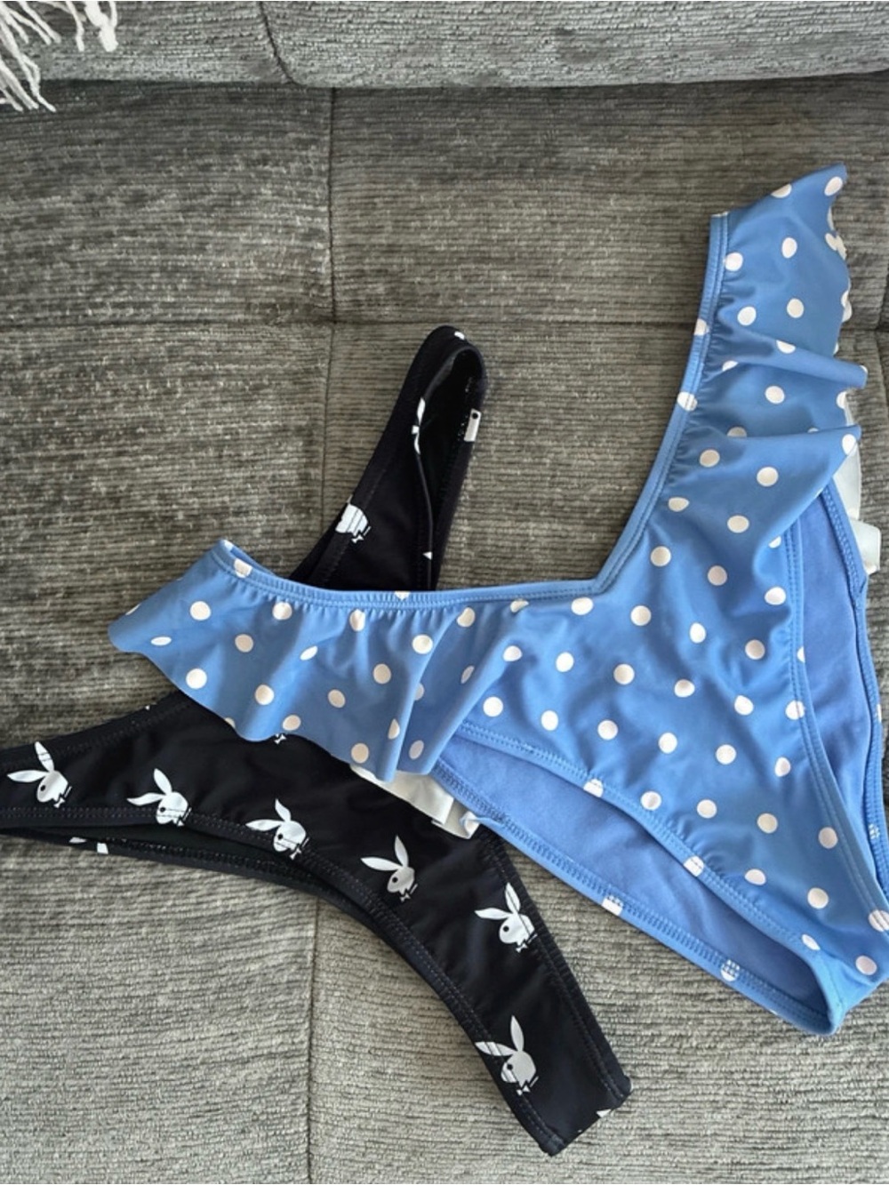 Blue Polka Dot Ruffle Bikini Bottom & Black Playboy Print Bottom